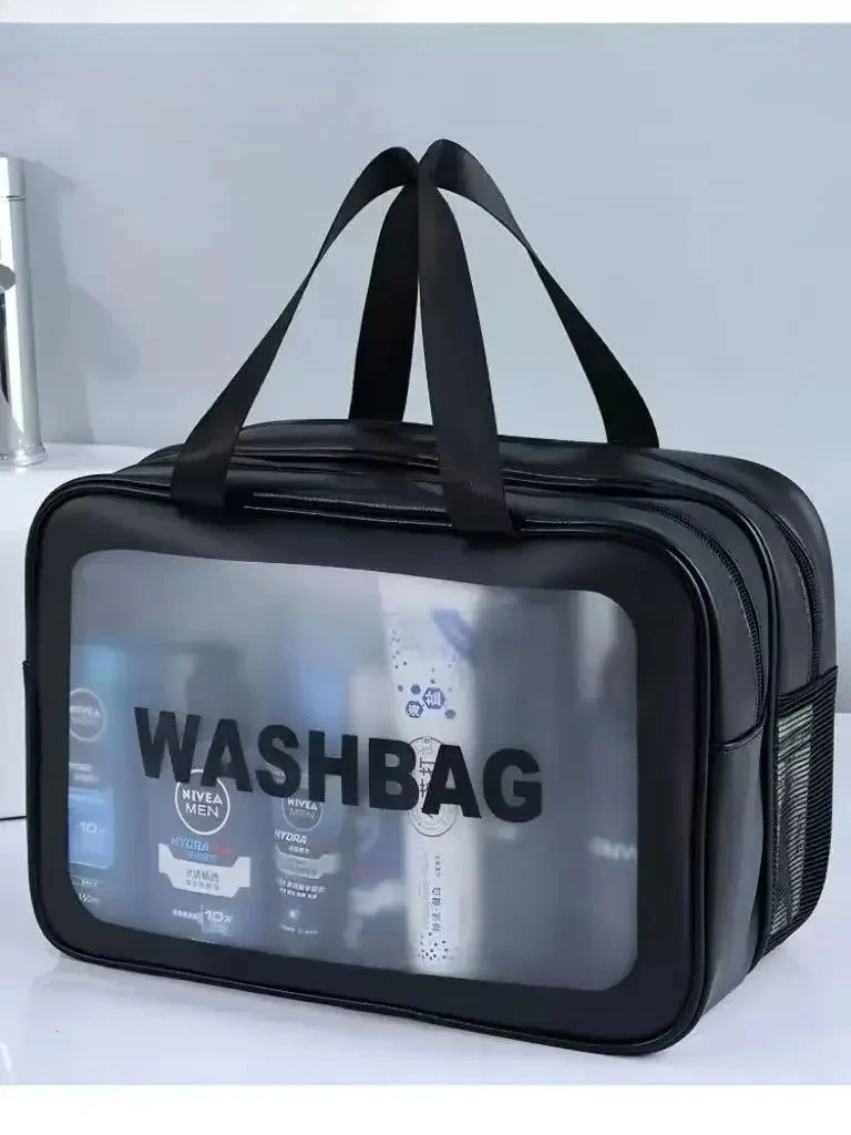 HOMEFISH Large capacity transparent dry wet separation double-layer wash bag frosted PU travel portable handheld storage bag