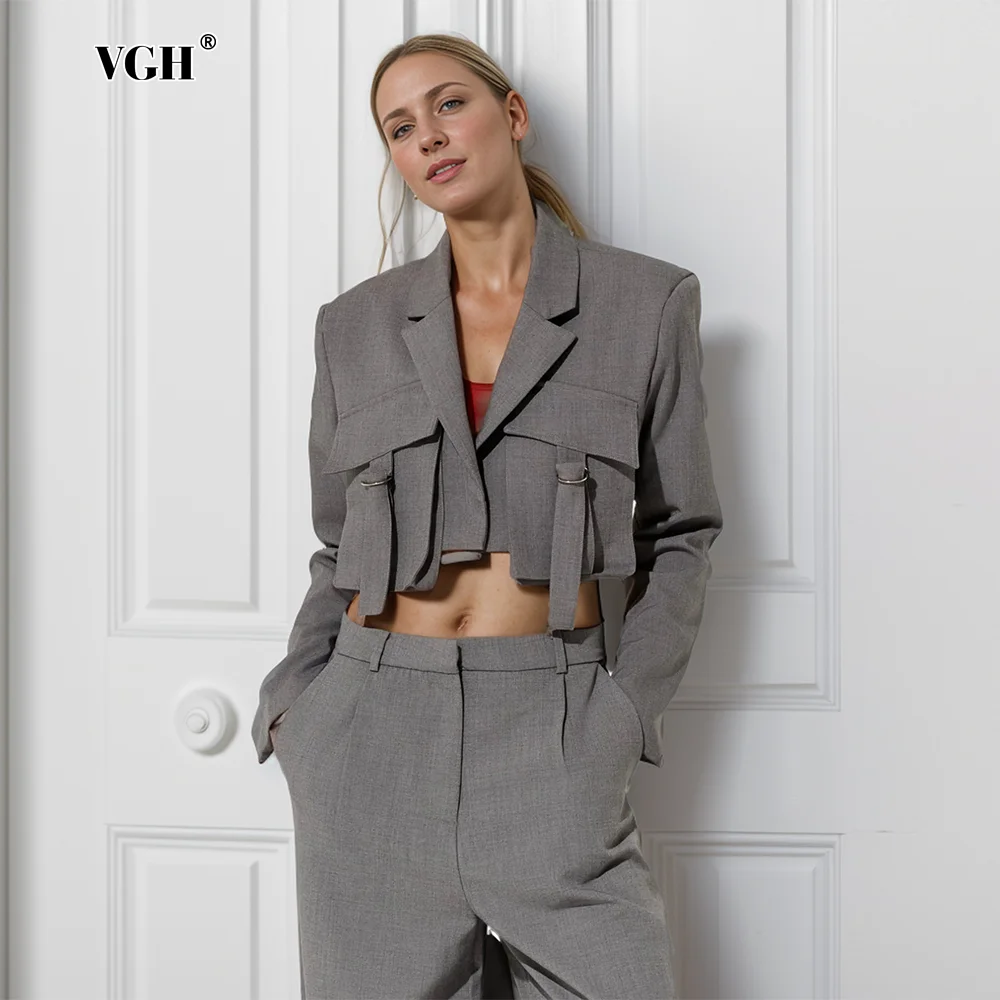 

VGH Patchwork Pockets Casual Short Blazers For Women Notched Collar Long Sleeve Streetwear Slimming Coats Female Fashion New