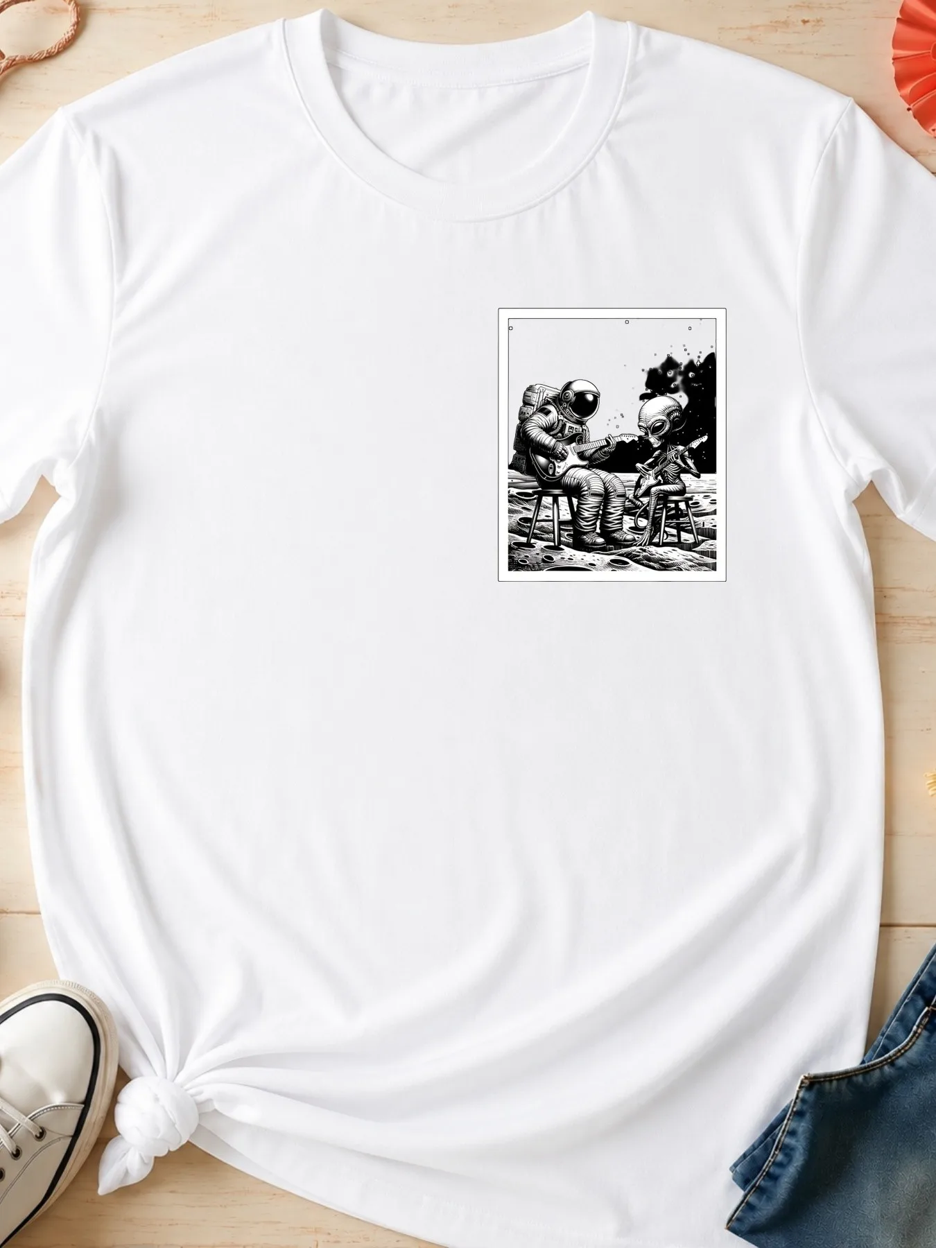 Men'S Streetwear Graphic T Shirt Casual Oversized Short Sleeve Tee Printed With Astronaut And Alien Playing Guitars On Moon Surf