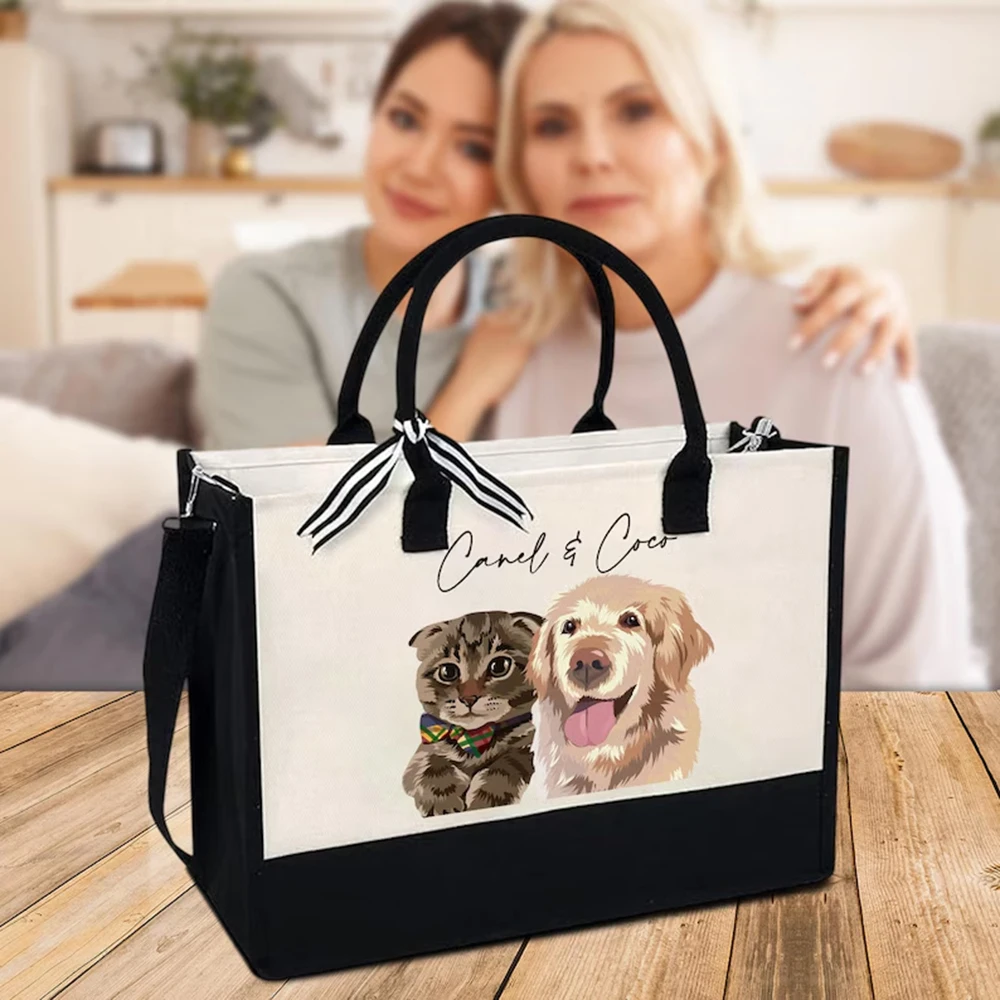 Personalized Custom Tote Bag For Pet Lover Double Dog Portrait Canvas Two Tone Black Bottom Large Capacity With Inner Zipper