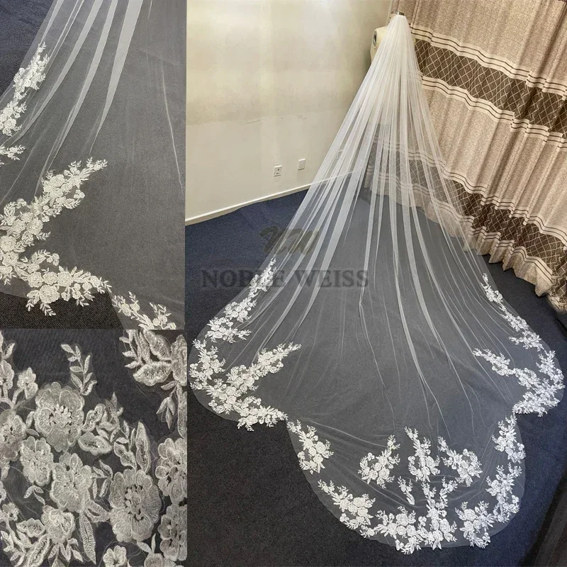 Véu de noiva longo com apliques 1t, véu de noiva de uma camada, comprimento catedral, acessórios de casamento personalizados