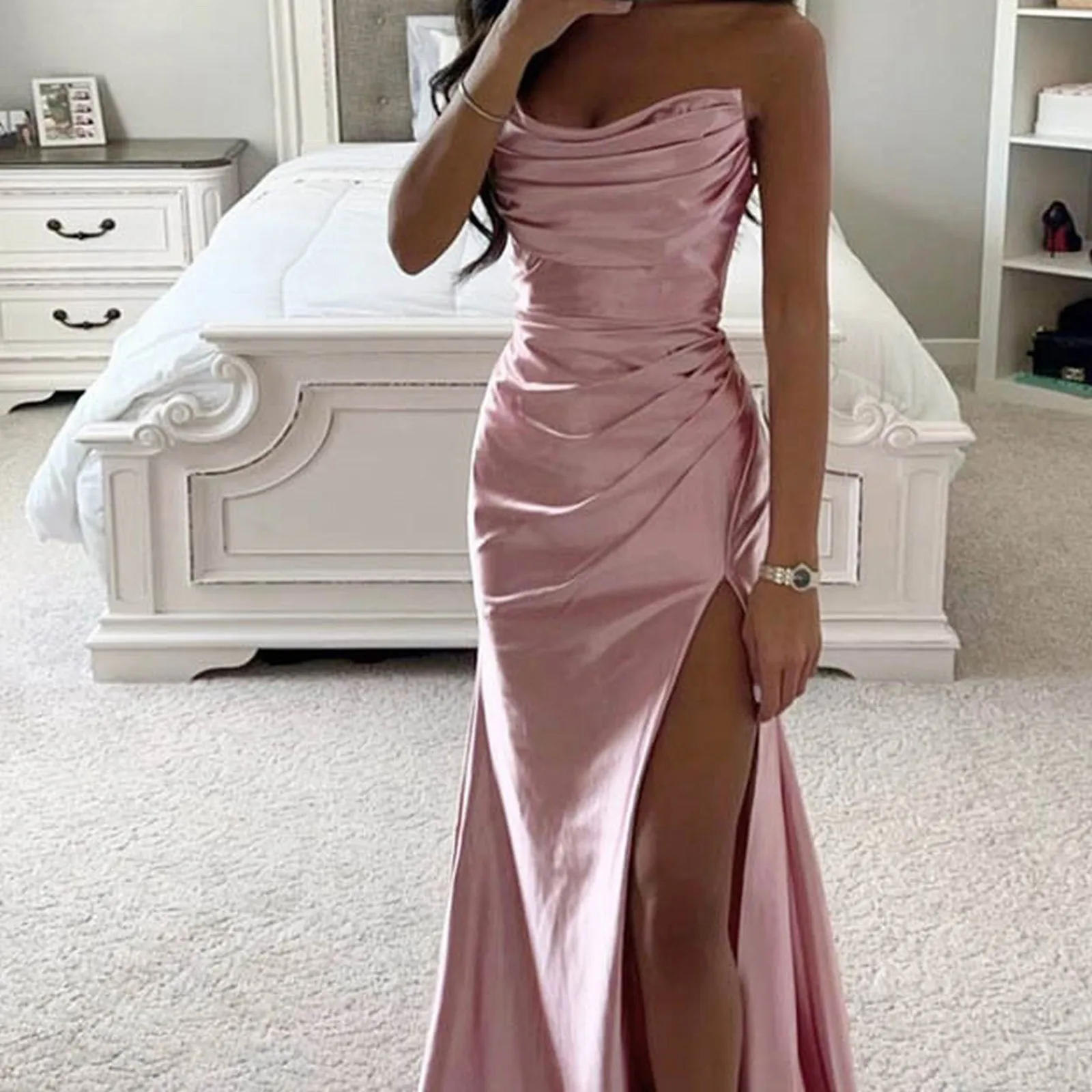 Women Party Dresses Satin Swing Collar Sleeveless Strapless Sexy Side Maxi Dress 2024 New Fashion Elegant Evening Party Dress