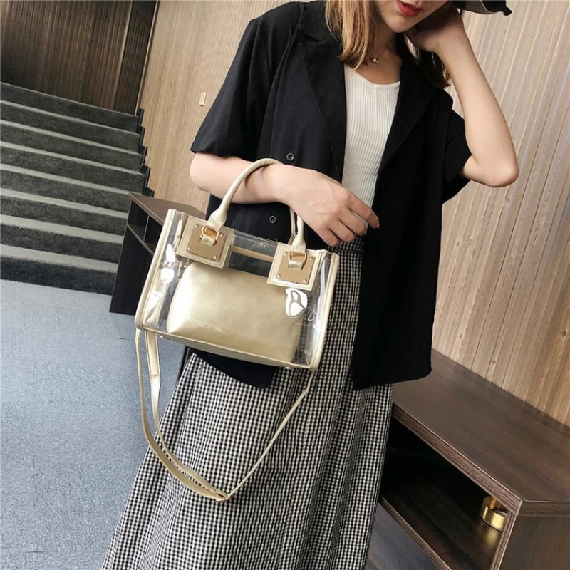 New Women Transparent Handbag PVC Clear Bag Portable Clutch Purses Satchels Girls Casual Shoulder Crossbody Bag 2 Pieces Sets