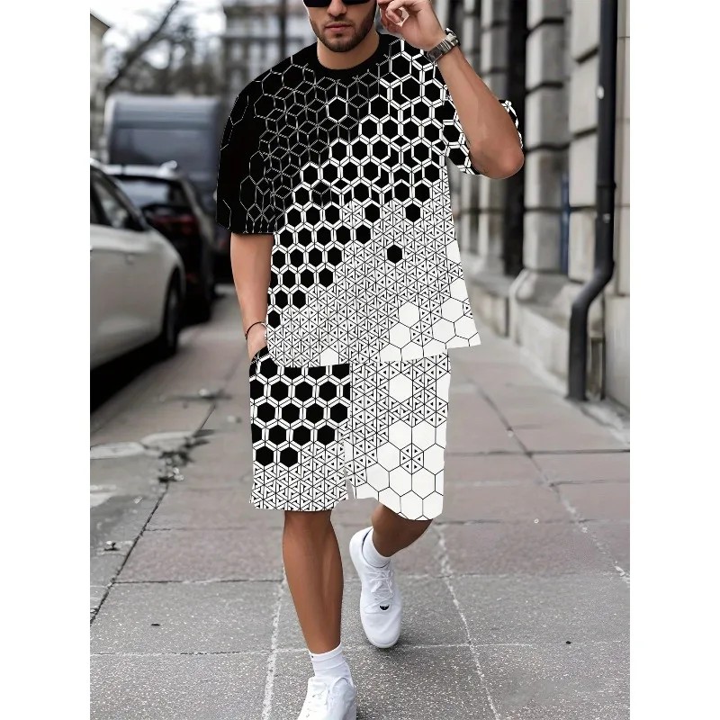 2025 Summer Men's Daily Leisure Sports Street Travel Personalized 3D Printed Round Neck Short Sleeved T-shirt Shorts Set