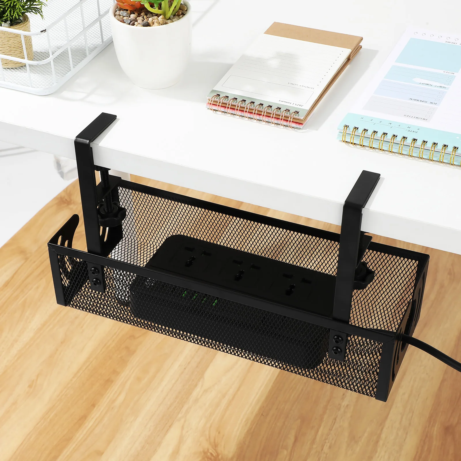 Bandeja de gestión de cables debajo del escritorio, organizador de cables con abrazadera, estante de almacenamiento sin cables de taladro para escritorio de juegos de oficina en casa, 1 Juego