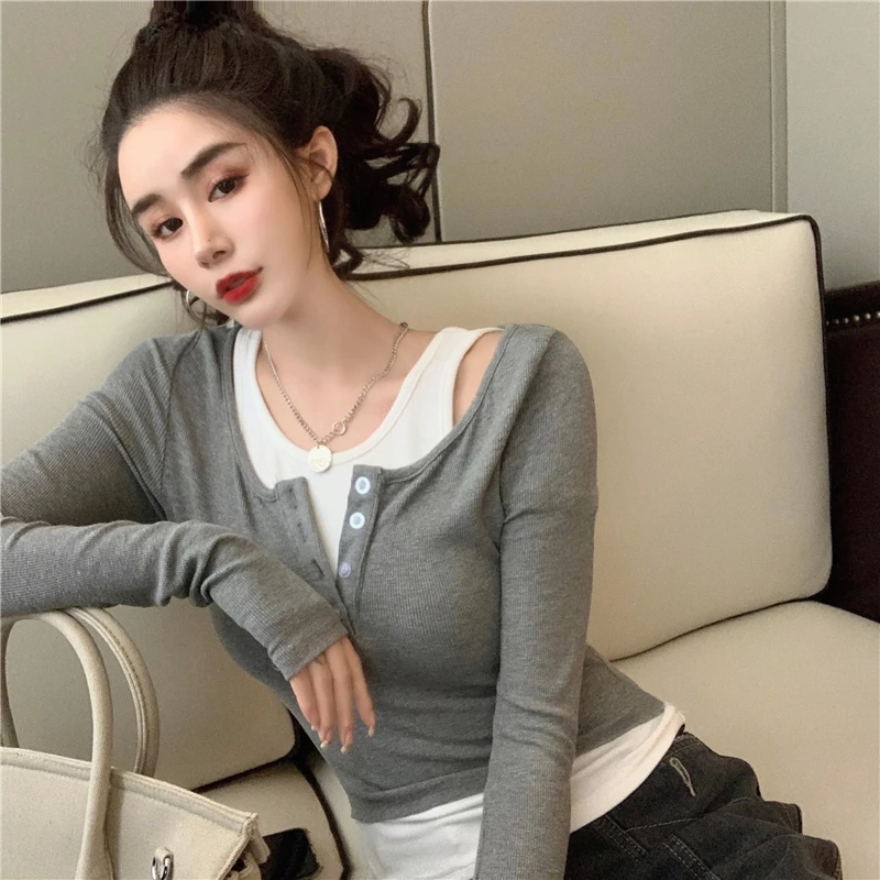 Long Sleeve T-shirts Women Korean Fashion Designed Patchwork Fake 2pcs Simple Aesthetic Autumn Simple All-match Stylish Chic