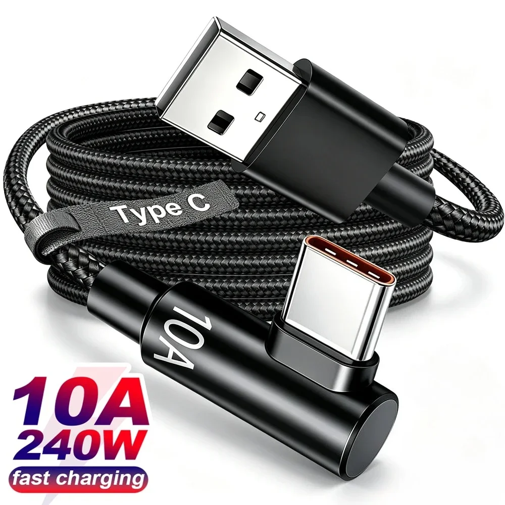 USB Type C Charger Cable 90 Degree Right Angle Type-c Data Line 240W 10A Quick Charging Nylon Wire Cord for Samsung Xiaomi