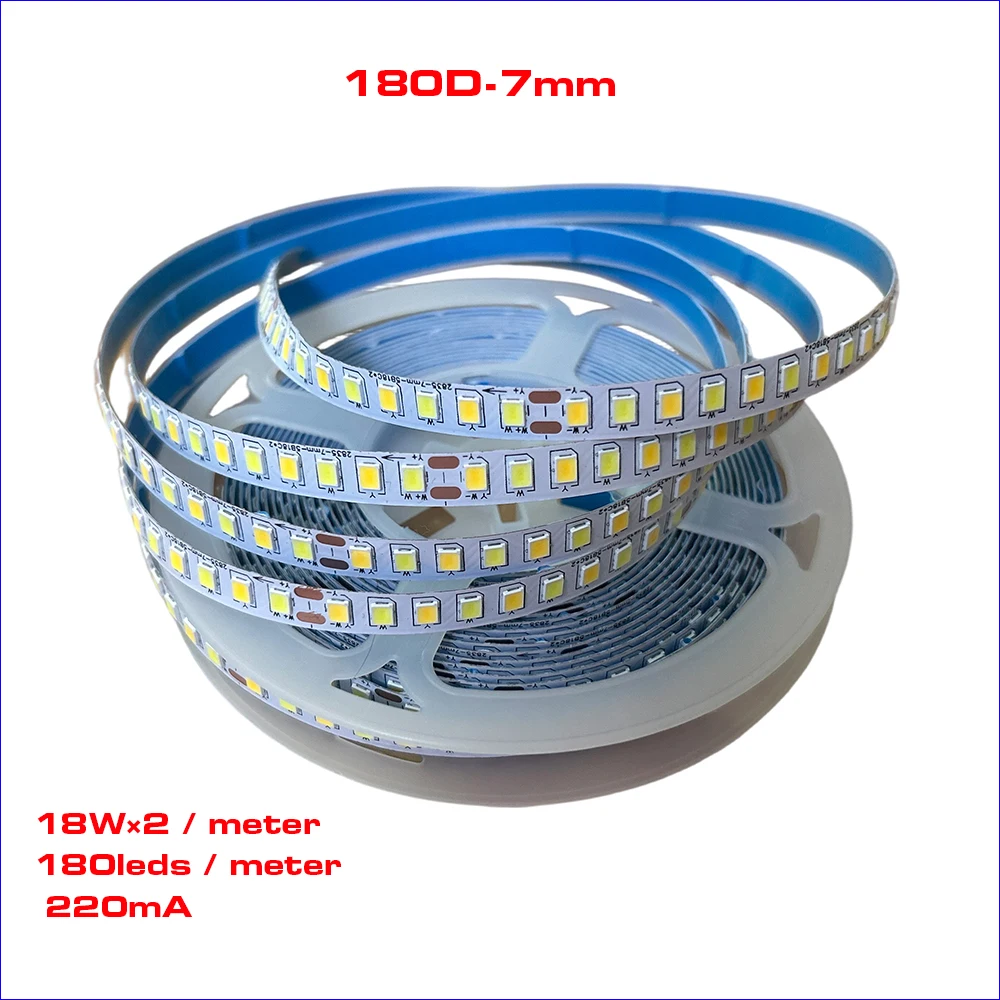 （2 Solder Joints）5 Meters 3 Colors 180D-7mm and 200D-7mm Flexible Constant Current LED Strip With 3000K+6500K 18W or 20W×2/Meter