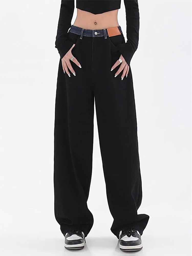 Retro High Waist Women's Jeans Harajuku Vintage Black BF Style Streetwear All-match Loose Fashion Femme Wide Leg Denim Trousers