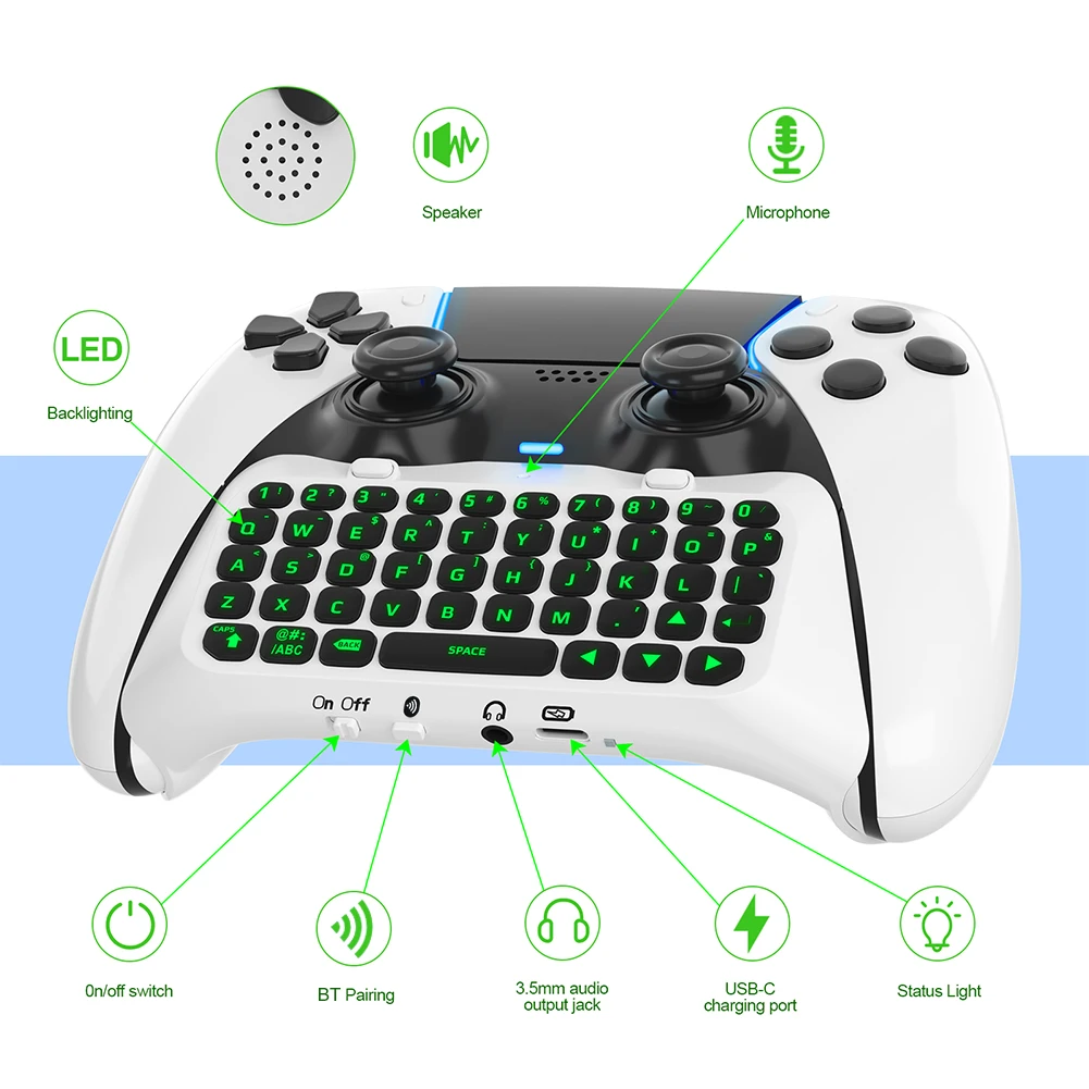 

Беспроводная клавиатура, совместимая с Bluetooth, беспроводная игровая клавиатура с зеленой подсветкой, встроенный динамик для PS5 Elite Handle