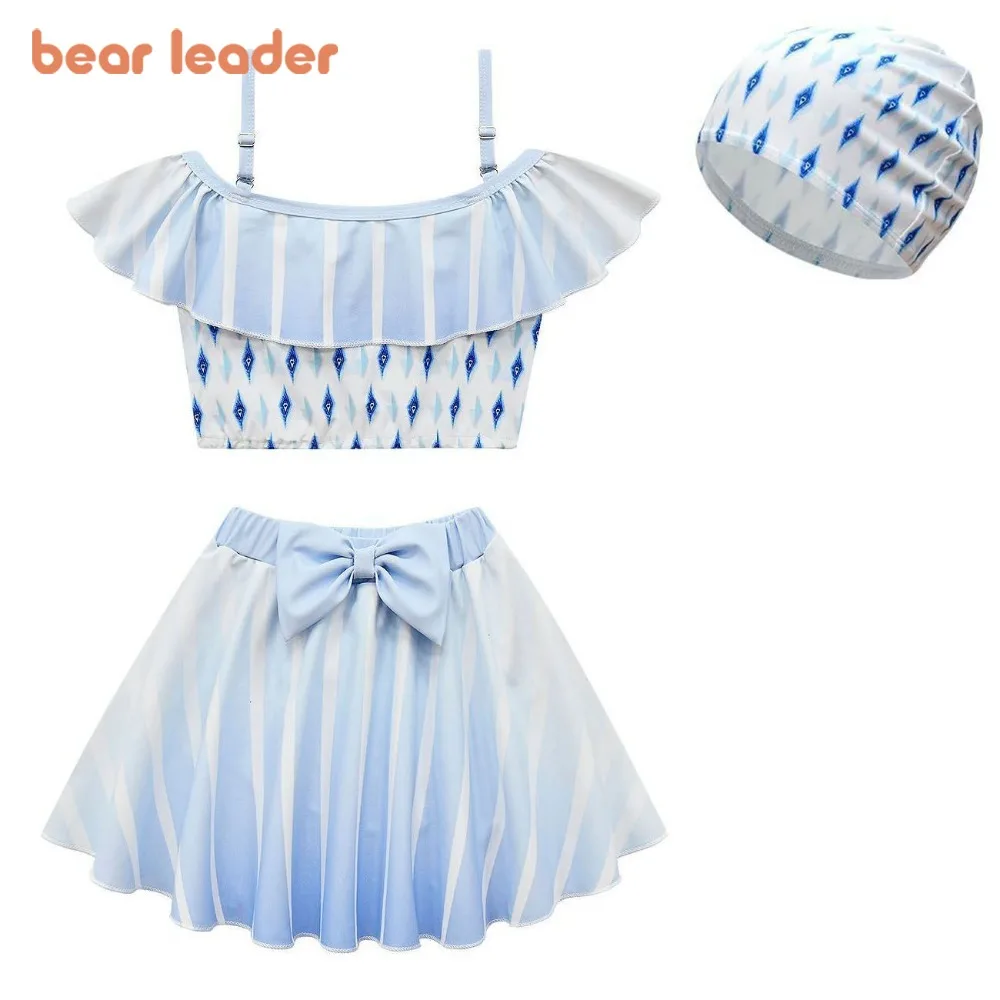 

Bear Leader Summer New Blue Baby Girl Swimsuit Set with Vertical Stripe Geometric Printed Strap Top and Bow Decorative Shorts
