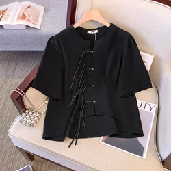 Plus size women's summer casual short-sleeved top Chinese style disc button cardigan polyester fabric loose comfortable shirt