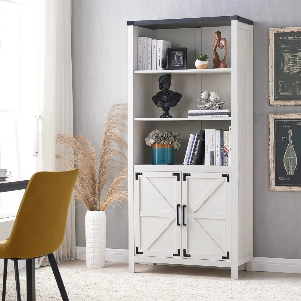 Farmhouse Storage Cabinet, 5 Tier Bookshelves, Multifunctional Locker with Doors and Adjustable Shelves, White