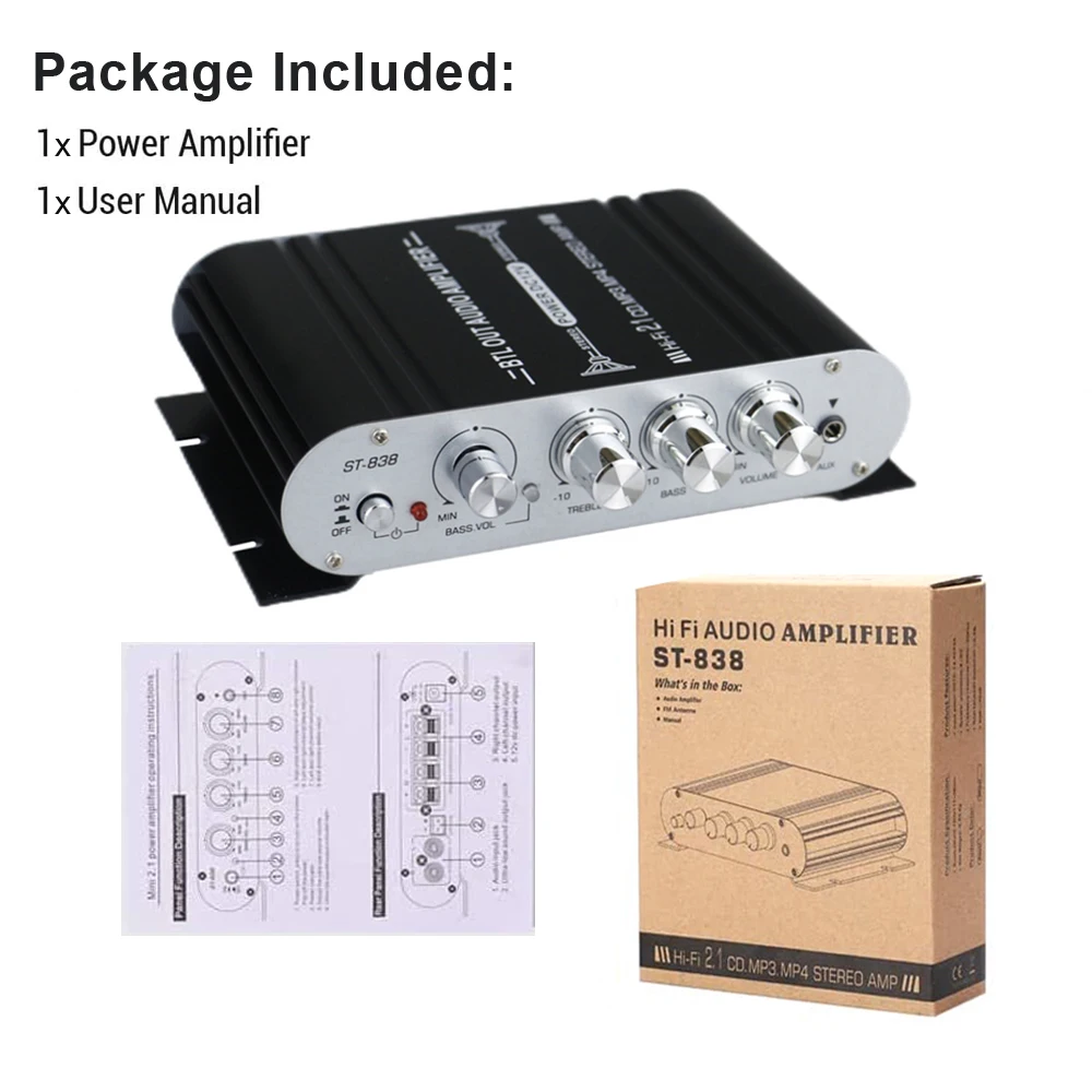 Lepy 838 HiFi 2.1 Channel Audio Amplifier Stereo Bass Sound Amplifier RMS 20Wx2+40W Class D Mini Media Player MP3 Black