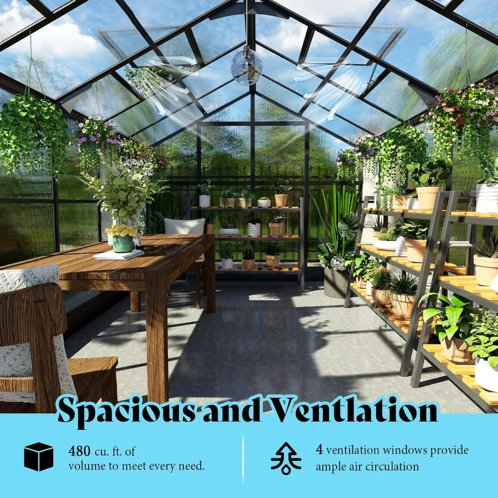 8x12x7FTpolycarbonate greenhouse with quick connect system,walk-in greenhouse with 4 ventilation windows and lockable swing door