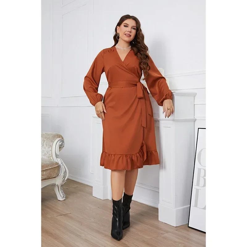 Damska sukienka midi Plus Size z długim rękawem Swing Midi Dress V Neck Wrap Belted A Line Ruffle Trim Tie Side Robe Solid color clothing