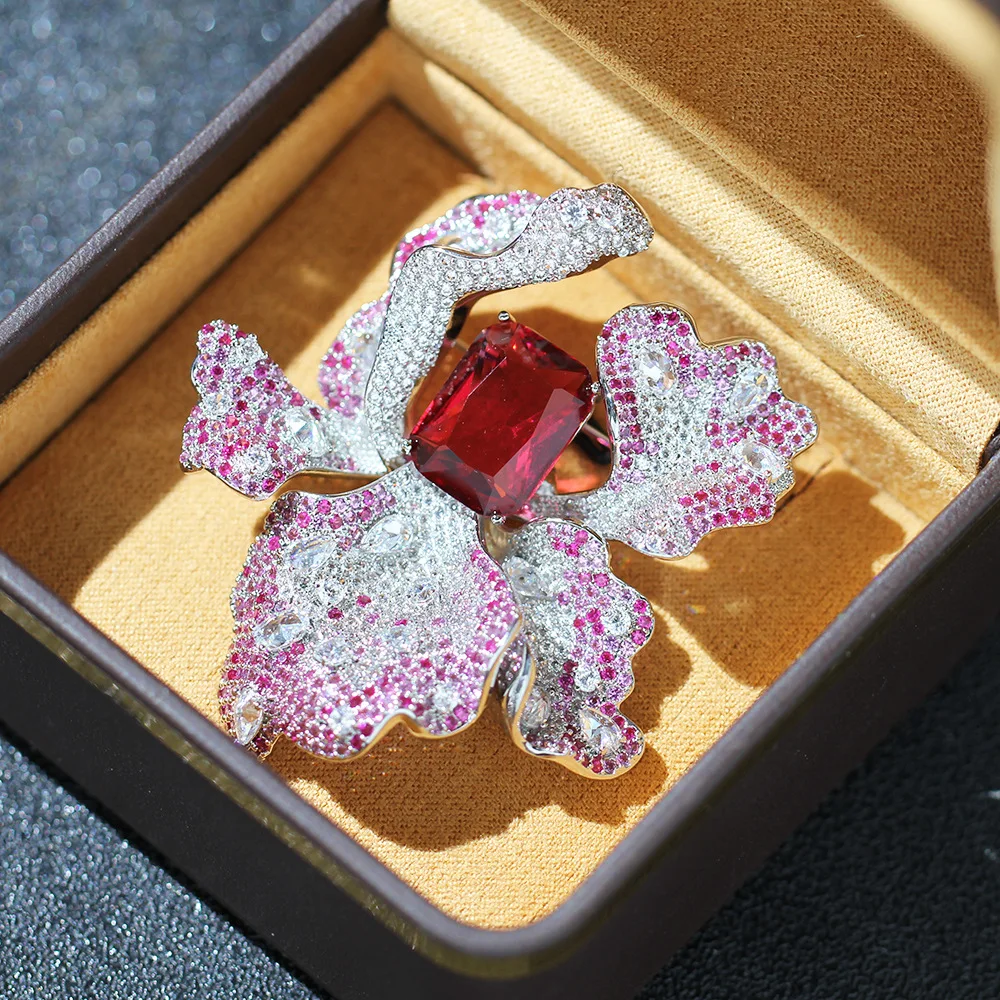 Light Luxury High-end Jewelry Micro Inlaid Zircon Iris Flower Brooch Grand and Exaggerated Imitation Ruby Corsage for Women Gift