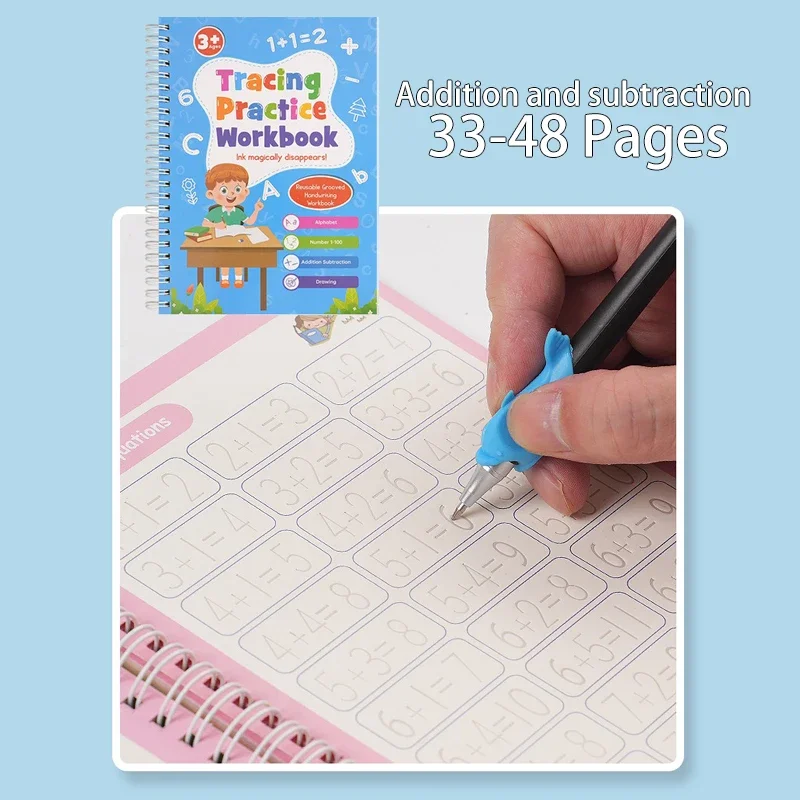 ตัวอักษรจํานวนการเขียนสมุดงานการประดิษฐ์ตัวอักษร 64 หน้า Eusable Tracing Book 4in1 Magic Practice ลายมือพร้อมปากกา