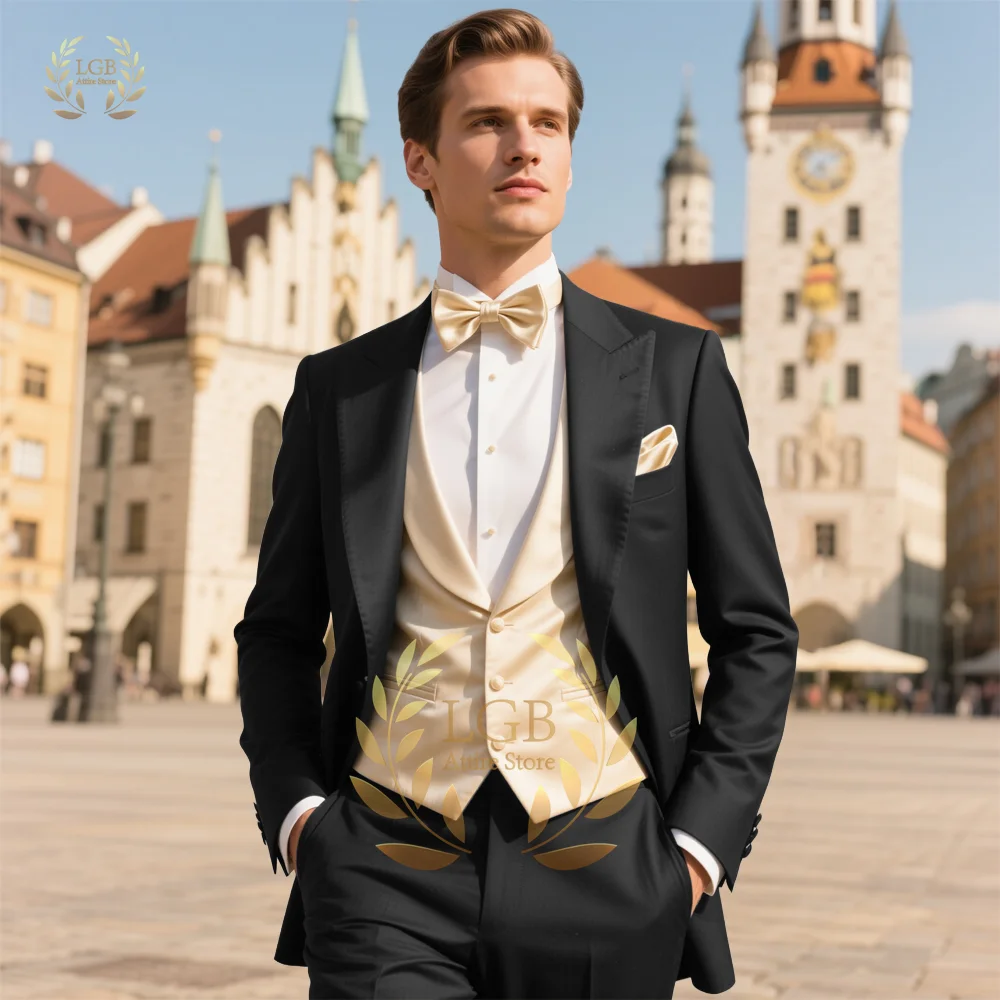 بدلة رجالية مكونة من 3 قطع، سترة أنيقة مع سترة من الساتان اللامع بلون الشمبانيا، بدلة عشاء عصرية لحفلات الزفاف