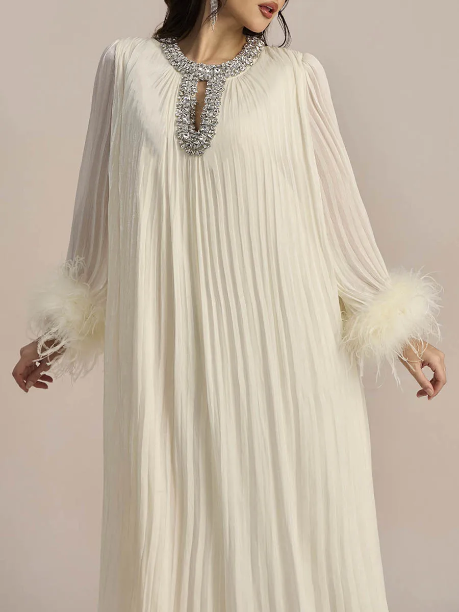 VGH Fashion Spliced Feathers Loose Chic Dress For Women O Neck Long Sleeve Hollow Out Patchwork Diamonds Pleated Dresses Female