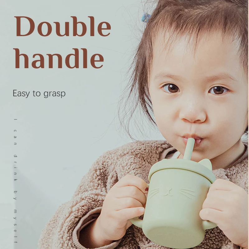 Baby BPA Free Silicone Feeding Cups Kids Double Handle Design Cute Cat Styling Straw Bottle Anti-Hot Leakproof Baby Feeding Cups