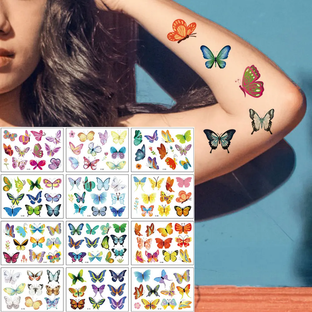 

12 шт., водостойкие Временные татуировки С Рисунком бабочки