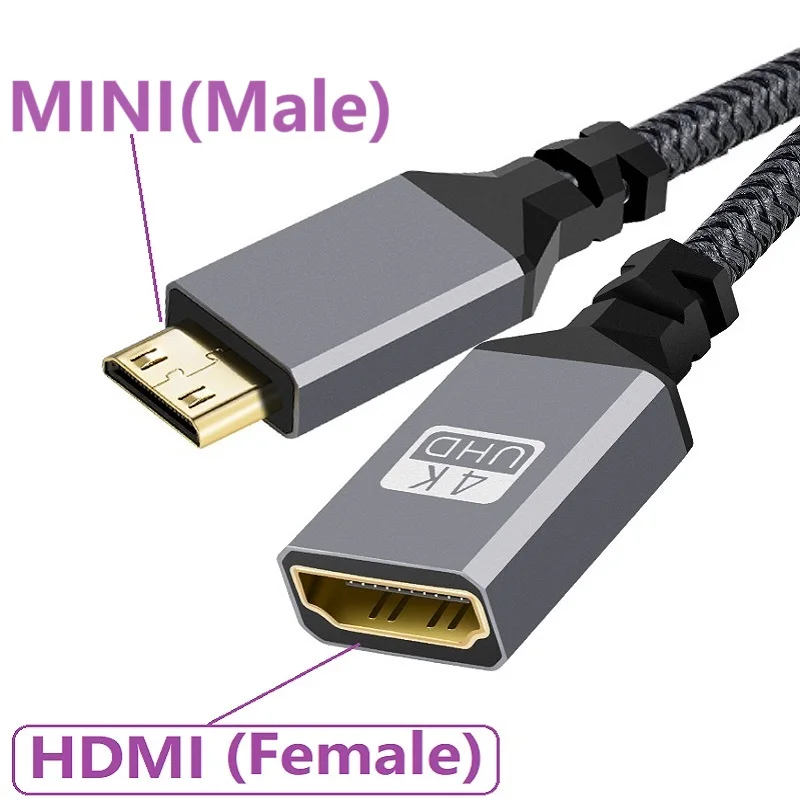 20CM 4K@60HZ Nylon Braid Gold HD V2.0 MINI MICRO HDMI Cable Male To HDMI Fmale Extension Cable For HDTV PS4 Projector
