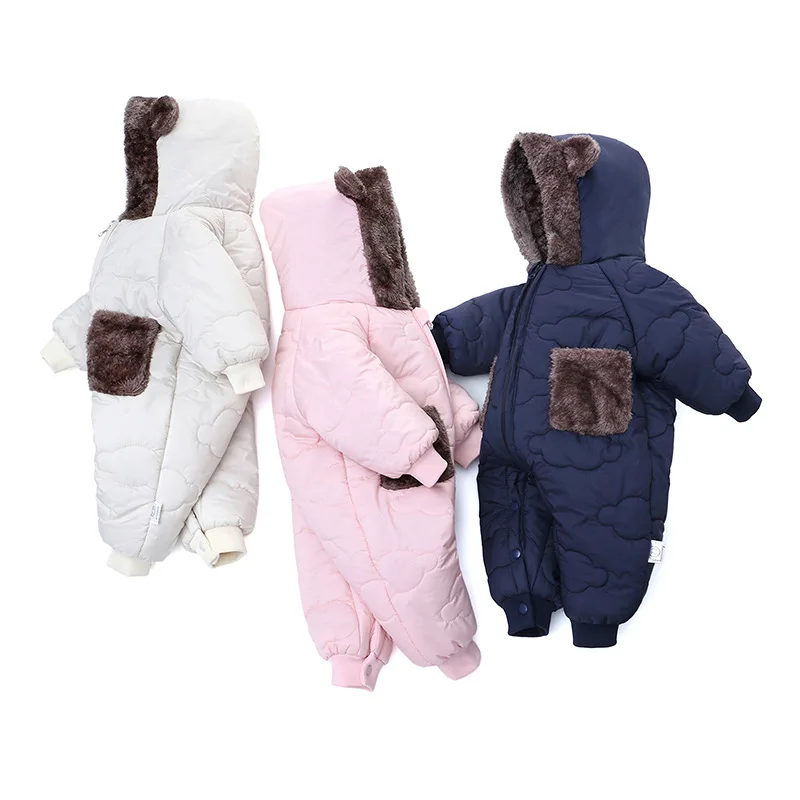 

Winter New Baby Thickened Warm Solid Color Velvet Hooded Collar Hoodie Climbing Rompers