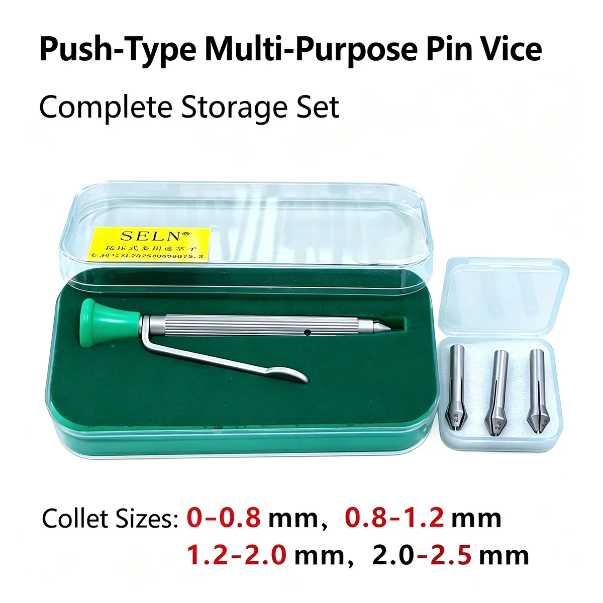 Professional Push-Type Multi-Purpose Pin Vice Watch Repair Tool with Four Interchangeable Collets 0-2.5mm Clamping Range