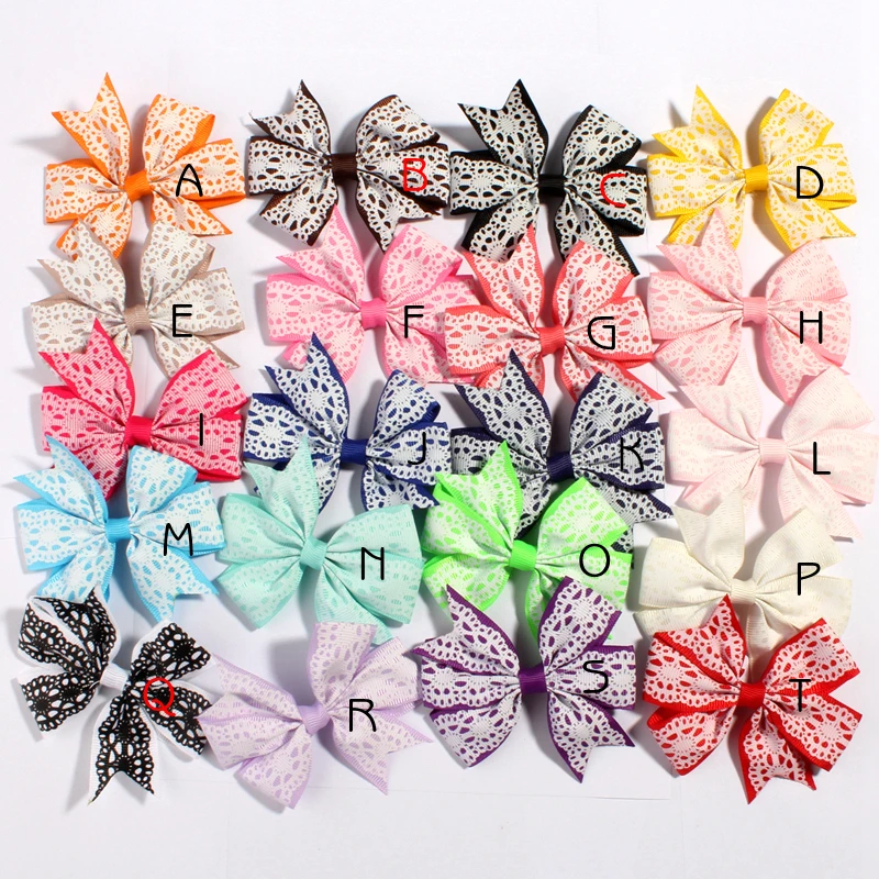 120PC 8cm 20colors Boutique Threaded Ribbon Bows for Hair Accessories Lace Pattern Grosgrain Ribbon Flower Hair Bows with Clips