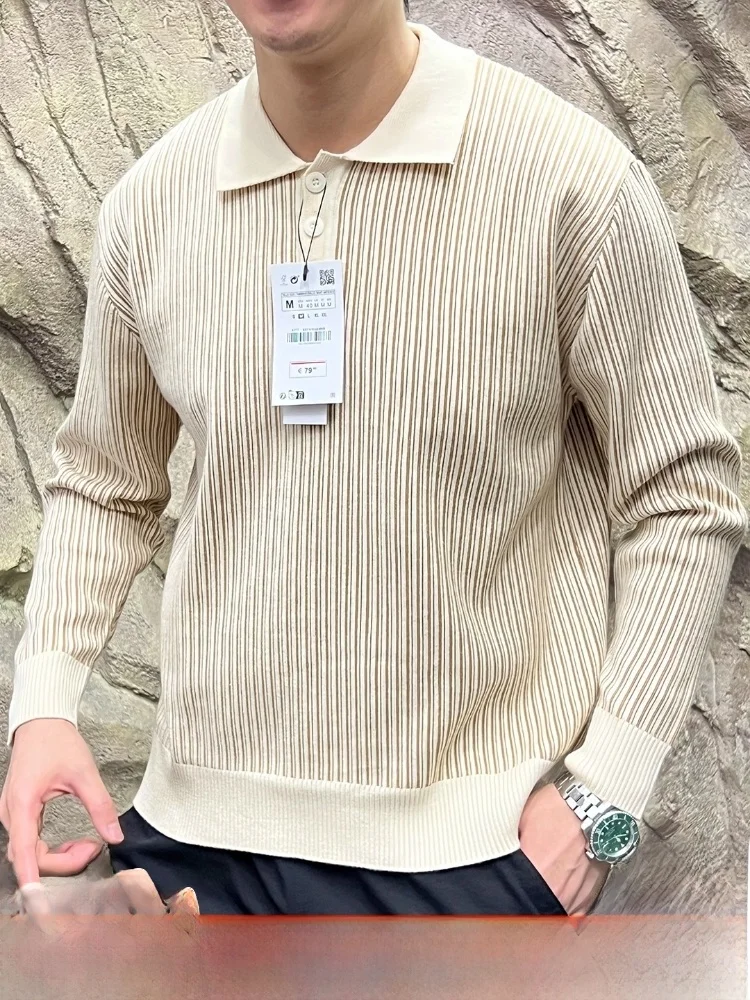 

Spani Order Knitted Sweater Casual Loose Fit Collared Versatile Striped Men's Autumn Winter Faion Breathable Polyester