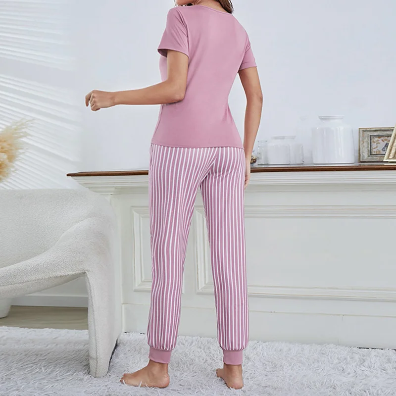 Summer Ladies Two-Piece Pajamas Women Short-Sleeved Striped Drawstring Pants Letter Print Silky Comfortable Loungewear Set