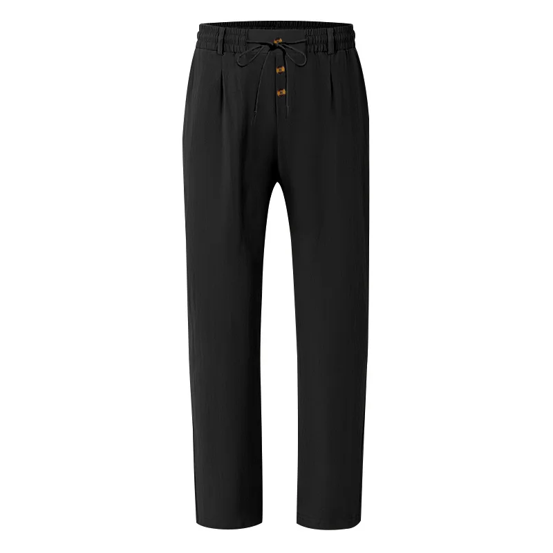 Herren Boho Leinenmischung Weite Hose mit Hoher Taille, Kordelzug, Knopfleiste, Lockerer Passform und Seitentaschen – Detail 21