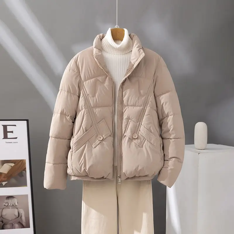 

Autumn Winter New Thin Cotton Padded Jacket Women Short Parka Coats Fashion Loose Stand Collar Long Sleeve Thick Warm Coat Tops