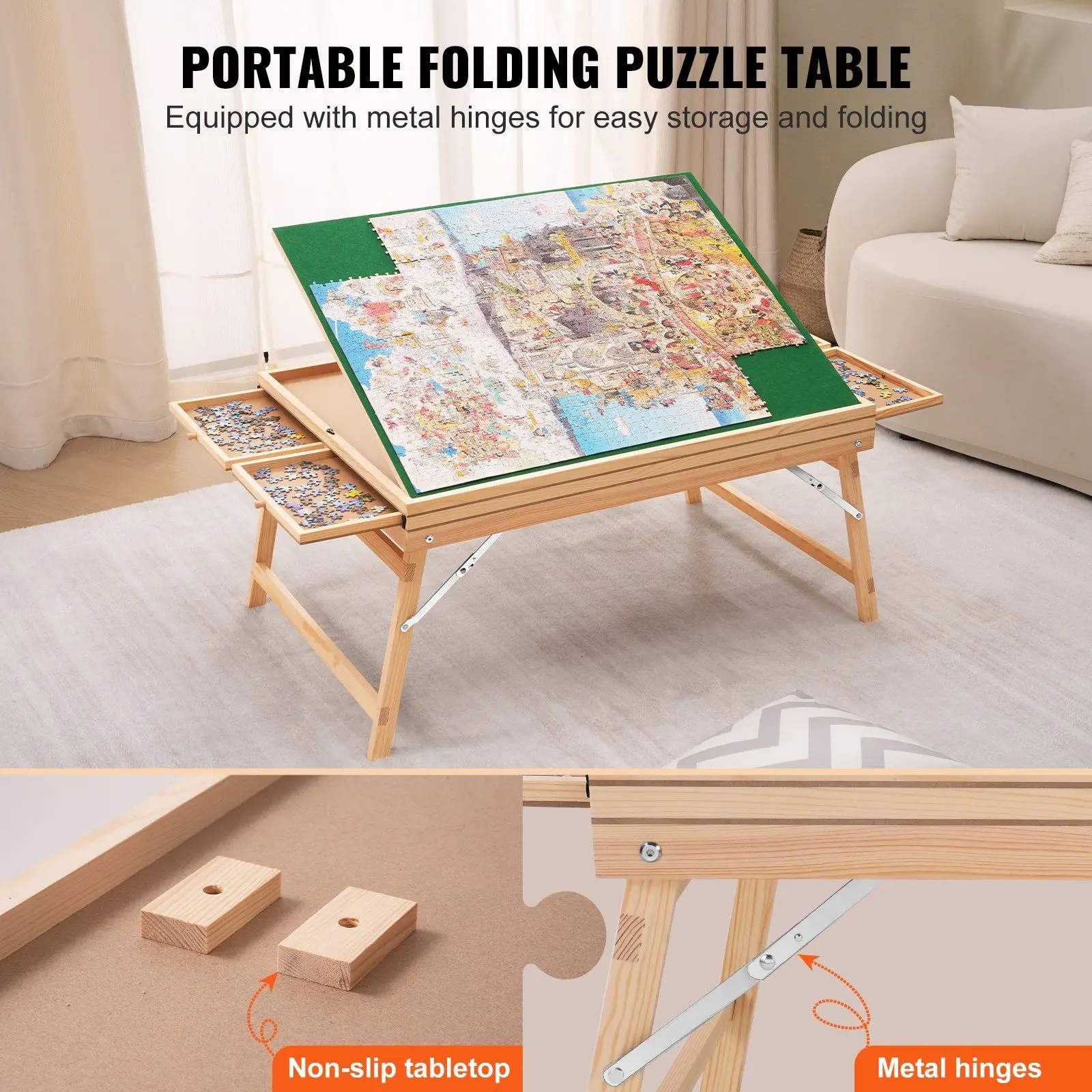 500 Piece Puzzle Table with Folding Legs, 4 Drawers and Cover, 32.7"x24.6" Wooden Jigsaw Puzzle Plateau, Adjustable 3-Tilting-An