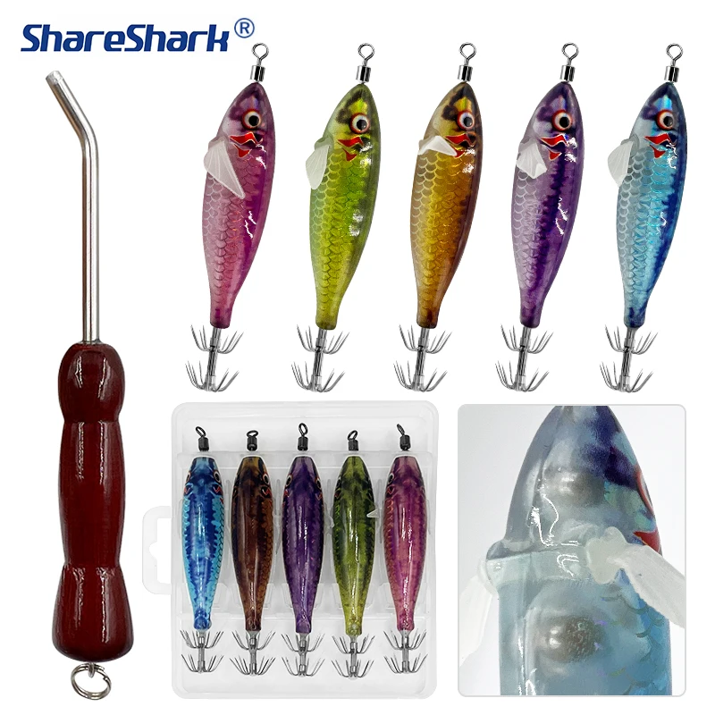 ShareShark Leuchtender Holz-Garnelenköder Tintenfischhaken Sepia Oktopus Angelköder mit Tintenfischhaken-Regulierungsset