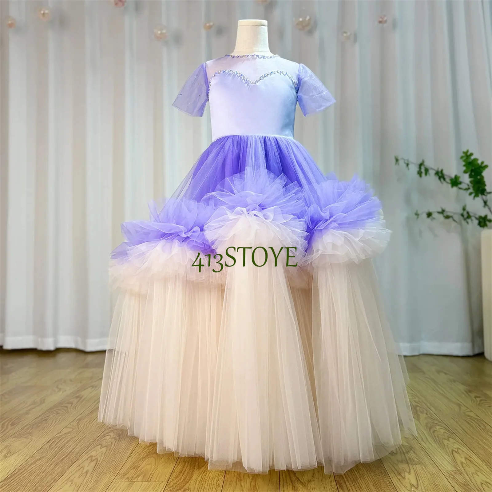 CustomizedElegant Arabic Blue Girl Dress Beads Dubai Baby Kids Princess Birthday Wedding Party Ball Evening Gown