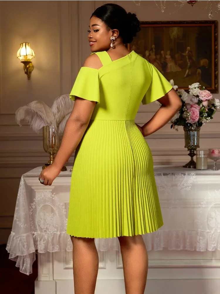 Women's Asymmetrical Off-the-Shoulder Elegant Dress Oversized Lotus Leaf Sleeves Cinched Waist Fashionable Pleated Skirt
