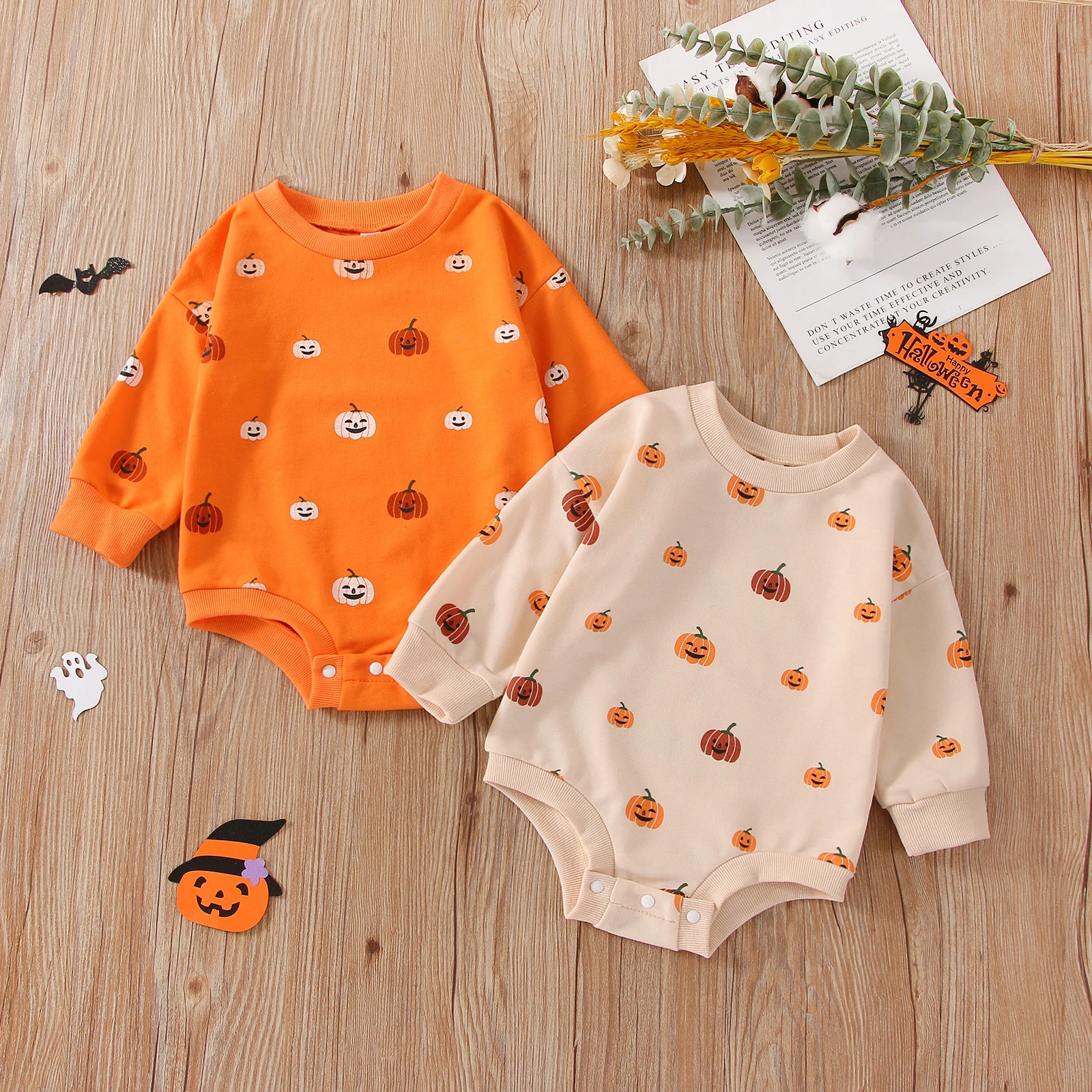 2022-07-08 Lioraitiin 0-18M Infant Baby Girl Halloween Bodysuit Long Sleeve Smiling Pumpkin Crew Neck Bottom Jumpsuit