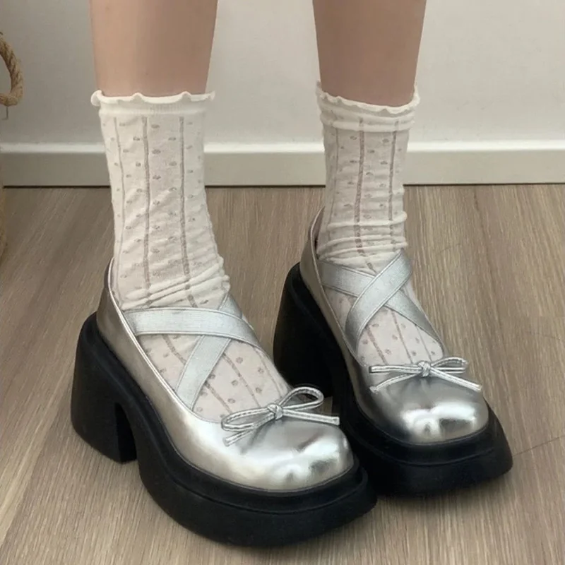 Kobiety Łuk Marie Jane Buty Platforma Moda Średnie Obcasy Sandały Nowe Czółenka Lolita Buty Sukienka Casual Chunky Designerm Mujer Shoes