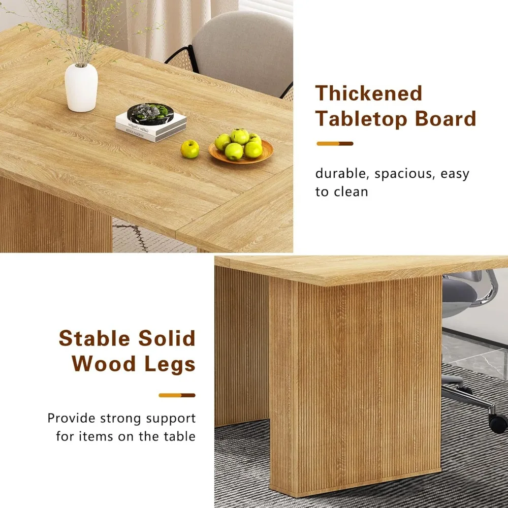 Mesa de comedor de granja de madera estriada de 78 pulgadas para 6-10, rectangular con base de rayas