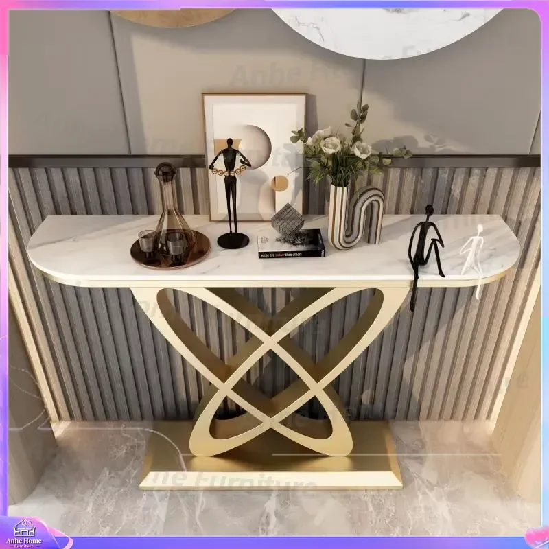 Modern Luxury Italian Design Rock Slab Console Table Metal Frame Minimalist Entrance Hallway Sofa Back Wall Decor Living Room