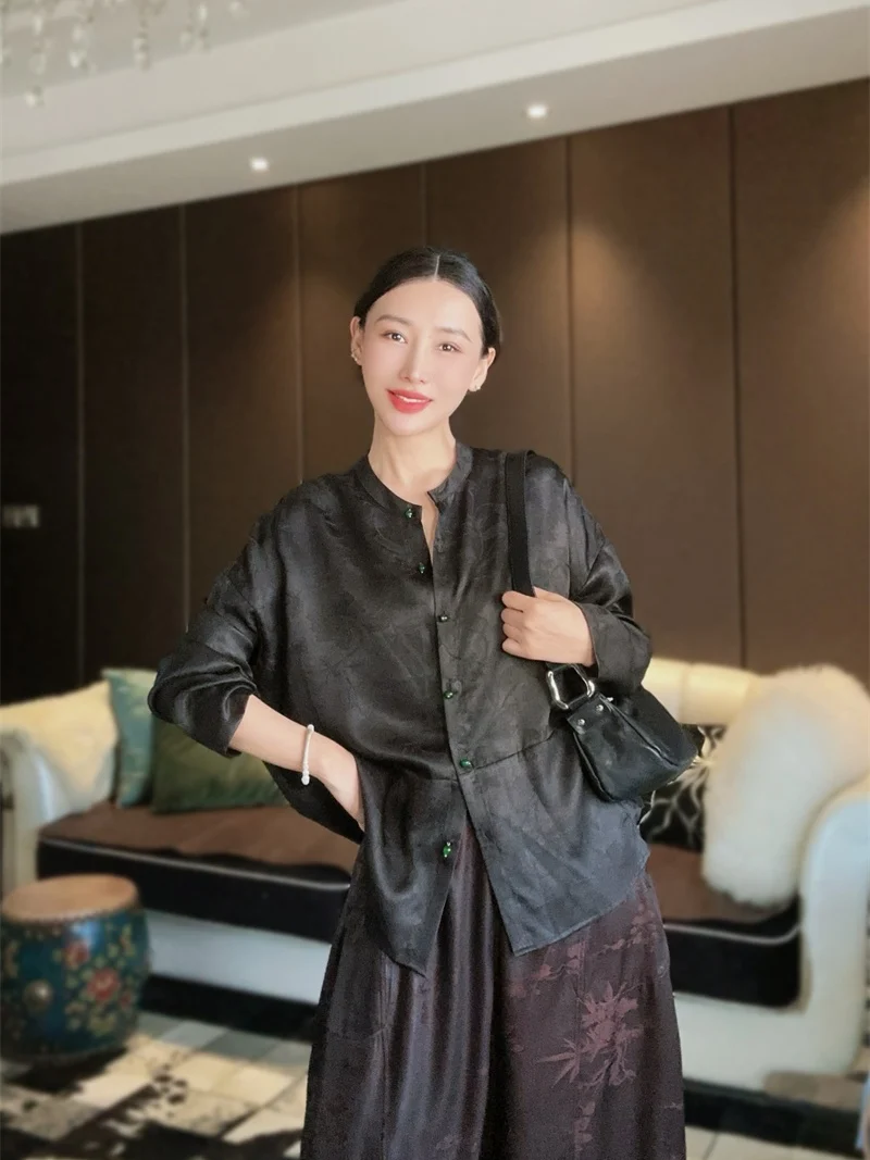 

Silk angyun irt Women's Collar T Top Heavyweight Embroidered True Silk Xiangyun Fabric Retro Sle Long Sve Busine...