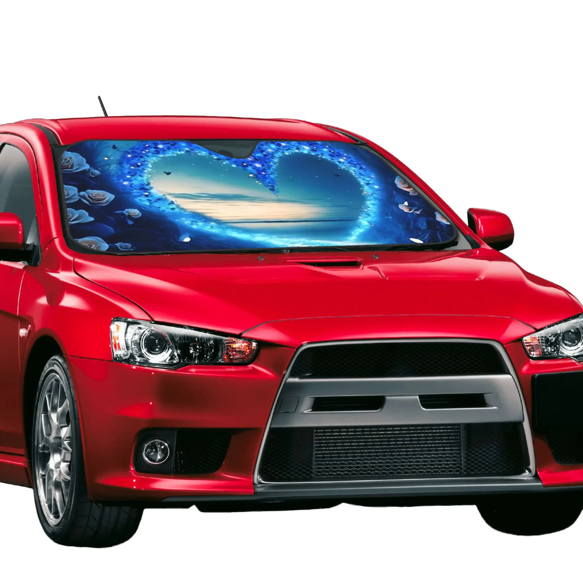 Cartoon-Style Sunshade For Featuring A Blue Heart And Butterfly Design, Offering UV Protection For Your Windshield. It Fits Most