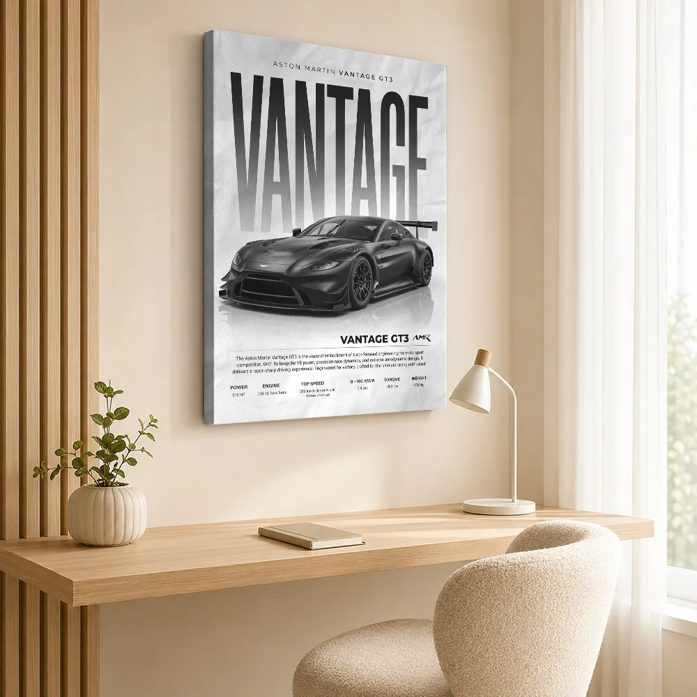 Sleek black martin vantage gt3 Framed Canvas Print Poster Personalized Modern Aesthetic Canvas Wall Art for Dining Room Decor