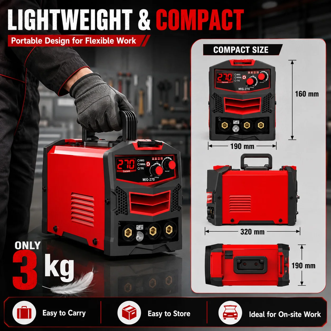 OBO Wholesale Factory Price New 3-in-1 Synergic MIG Welder Gasless MMA Lift TIG Machine 110V/220V Portable Inverter 4.6kVA