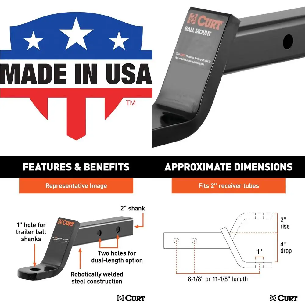 

45230 Шаровое крепление сцепного устройства прицепа двойной длины, длина 8-1/8 дюйма или 11-1/8 дюйма, подходит для 2-дюймового приемника, 75 фунтов, отверстие 1 дюйм, 4 дюйма