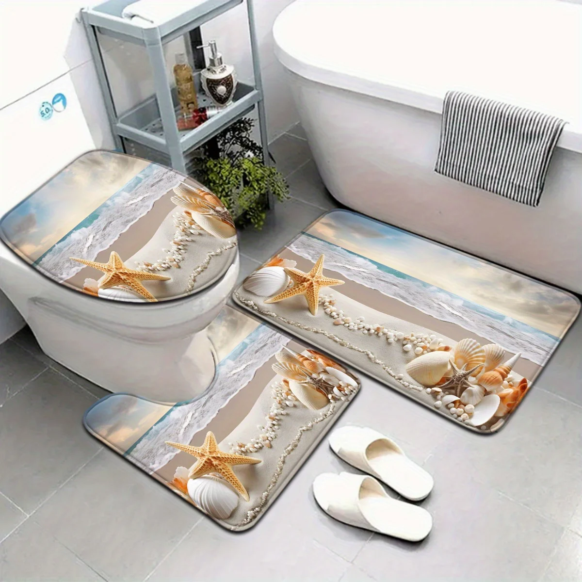 

Набор фланелевых ковриков для ванной комнаты серии Dream Beach, прямоугольный, тканый, с U-образным чехлом на сиденье унитаза и подставкой для унитаза в ванной комнате