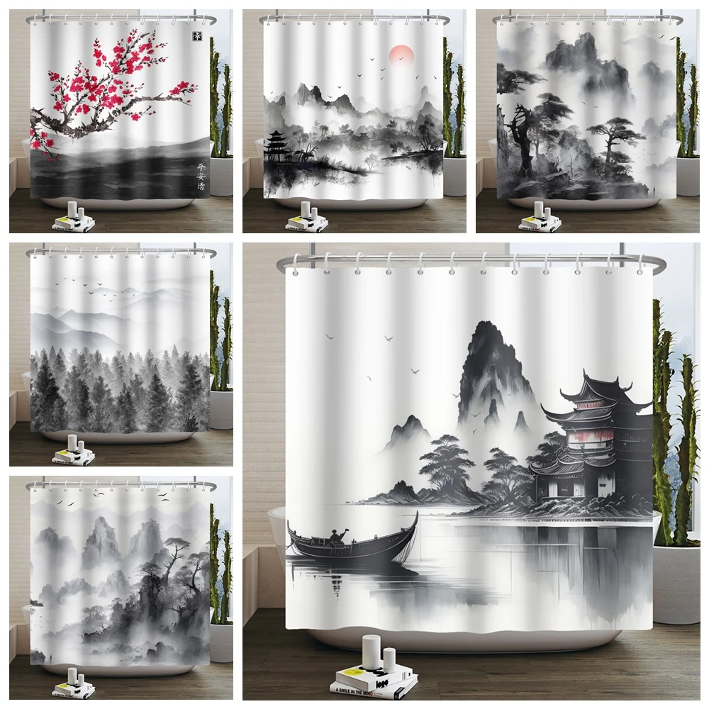 Chinese Ink Painting landscape Shower Curtain Mountain Bamboo Modern Art Home Decor Bathroom Curtains Waterproof Shower Curtains