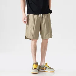 Men's Clothing Summer Solid Color Pockets Casual Elastic High Waisted Sweatpants Straight Cargo Preppy Style Boyfriend Shorts